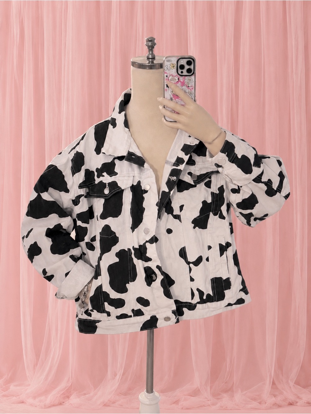 Boutique Black & White Cow Print Denim Jacket - 100% Cotton